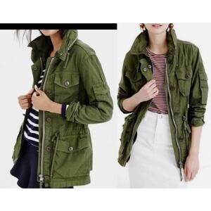 J.Crew Field Military Jacket Green Sz S hidden hood cinch waist